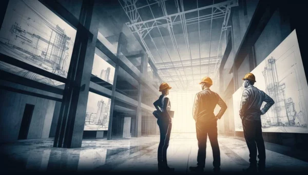 Three people in hardhats standing in a large building with a lot of windows realistic render a digital rendering constructivism