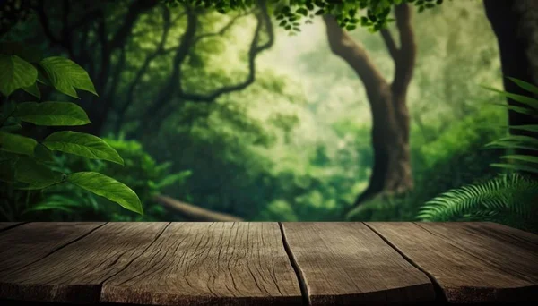 A wooden table with a green forest background on it with a wooden plank floor forest background a detailed matte painting environmental art