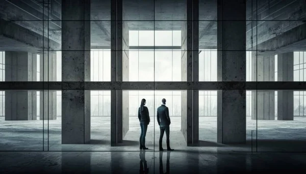 Two people standing in a large room with large windows and a large window in the middle stock photo a stock photo institutional critique