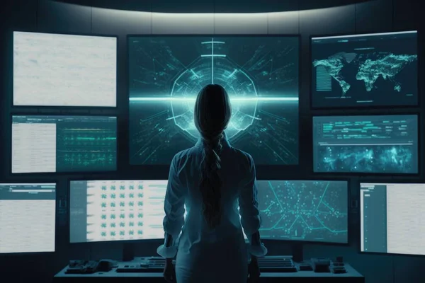 A woman standing in front of a wall of monitors with a lot of screens on it cybernetics computer graphics les automatistes