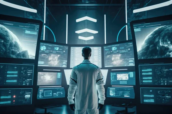 A man standing in front of multiple monitors in a room with multiple screens on the wall cybernetics computer graphics futurism