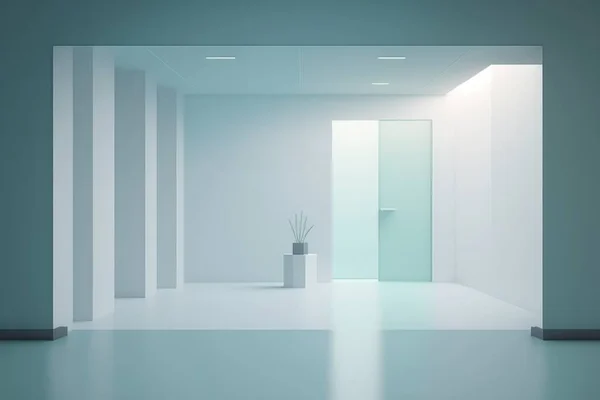 A white room with a door and a plant in it and a light coming through the door unreal 5 highly rendered an ambient occlusion render postminimalism