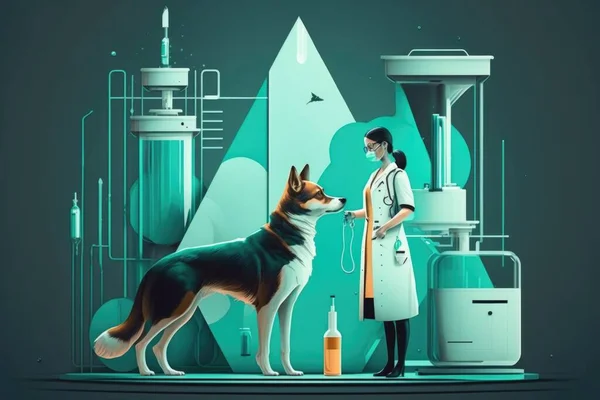 A dog is being examined by a veterinator in a lab with a dog in the background editorial illustration a storybook illustration nuclear art