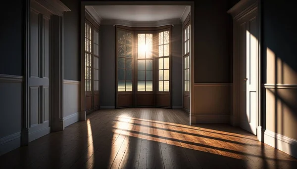 A room with a door and a window with the sun shining through it and a wooden floor dim volumetric lighting a digital rendering light and space