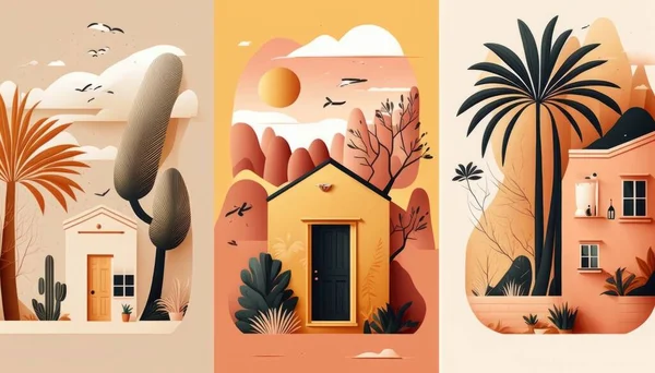 Three different types of houses with trees and plants on them one of which is a house colorful flat surreal design a storybook illustration environmental art