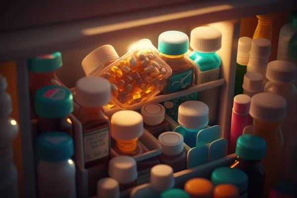 A shelf filled with bottles and containers of medicine and pills and pills in a cabinet photorealistic lighting a raytraced image photorealism