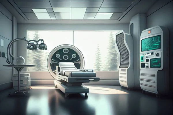 A hospital room with a bed and a monitor on the wall and a desk with a monitor on it octane rendering a detailed matte painting retrofuturism