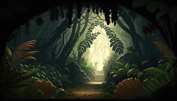 A dark forest with a path leading to a light at the end of the tunnel jungle a detailed matte painting naturalism