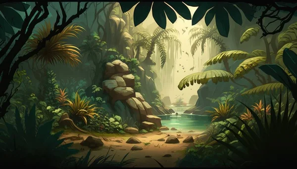 A painting of a jungle scene with a river and rocks in the foreground and a jungle with lots of trees and plants jungle a detailed matte painting fantasy art