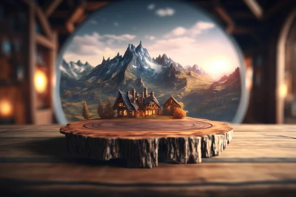 A wooden table with a glass ball on it with a picture of a house in the middle of it cinematic matte painting a detailed matte painting fantasy art