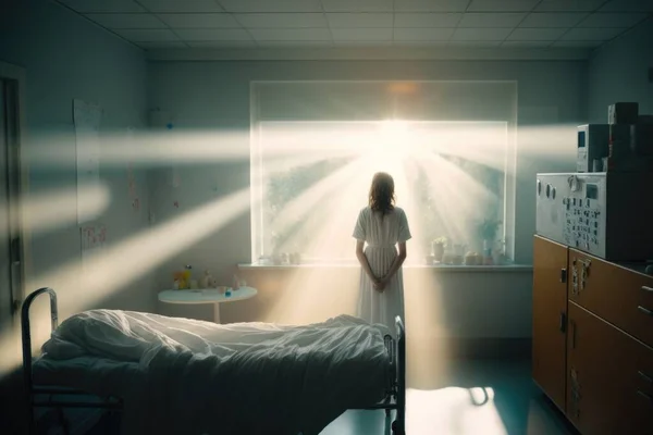 A woman standing in a hospital room with a light coming through the window and a bed godrays a hologram light and space
