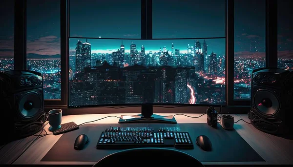 A computer desk with a keyboard and mouse on it in front of a window overlooking a city cyberpunk style computer graphics computer art