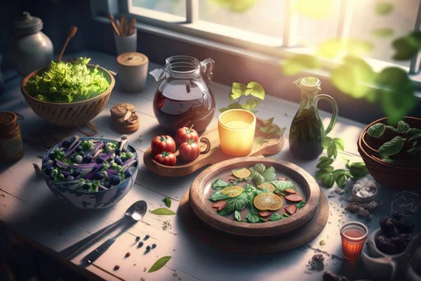 A table with a variety of food on it and a window in the background with sunlight coming through 3 d render a 3d render photorealism