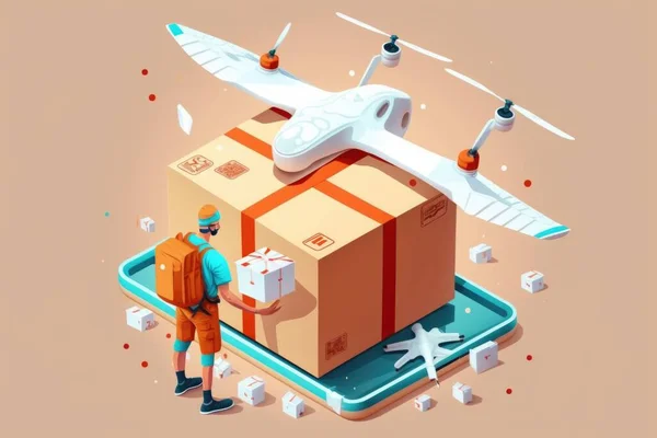 A man with a backpack and a box with a plane on top of it and a plane flying above editorial illustration a digital rendering les automatistes