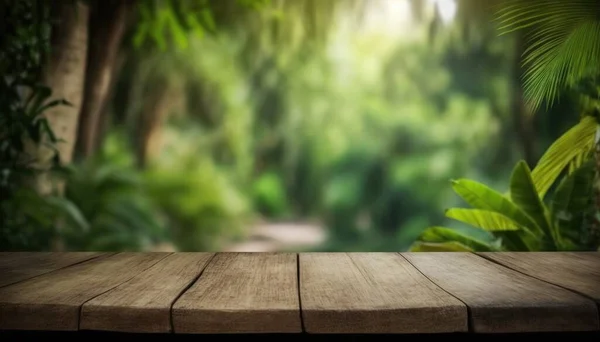 A wooden table with a blurry background of a forest scene with a path in the distance forest background an ambient occlusion render postminimalism