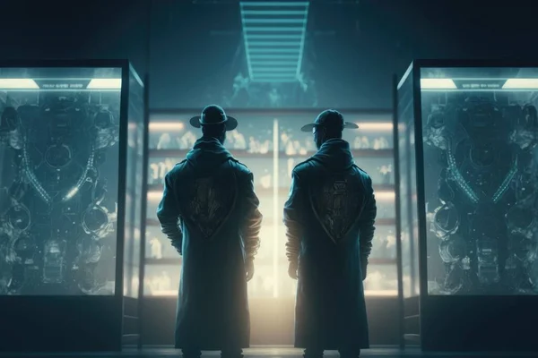 Two people standing in front of a display case in a dark room with aliens in the background promotional image cyberpunk art rayonism