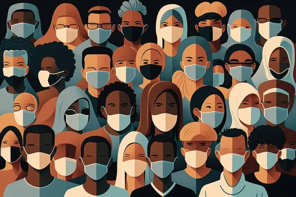 A group of people wearing face masks in a crowd of them are wearing masks to protect them from the sun editorial illustration artistic art neoplasticism