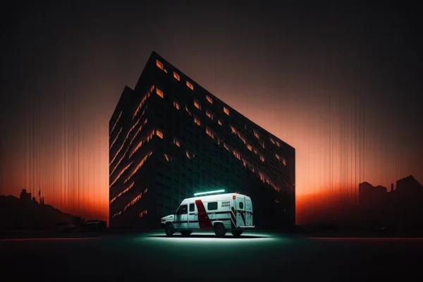 A white ambulance parked in front of a tall building at night with a red light cinematic photography cyberpunk art cubo-futurism