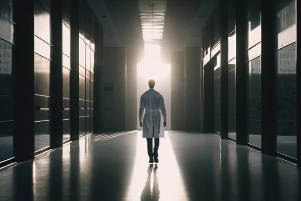 A man walking down a hallway in a building with a light coming through the windows dim volumetric lighting a stock photo neoplasticism