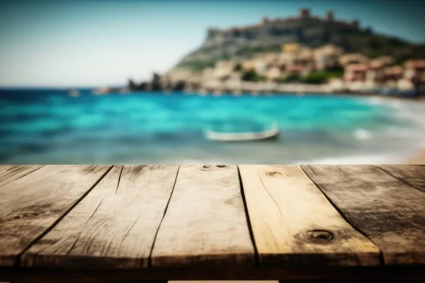 A wooden table with a view of a beach and a boat in the water and a castle in the background tilt shift a tilt shift photo photorealism