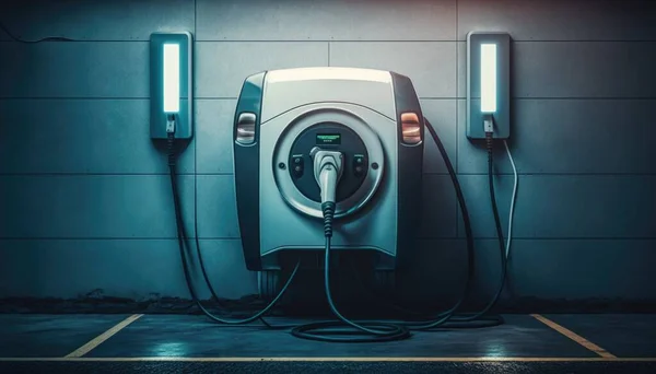 A modern electric car charging in a station with two lights on the side of the car solarpunk a digital rendering futurism