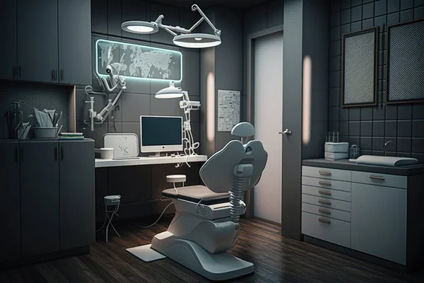 A computer desk with a chair and a monitor on it in a room with a lot of cabinets unreal 5 highly rendered a computer rendering neoplasticism