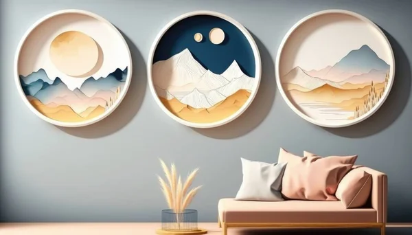 Three plates on a wall with mountains and a moon in the middle of them hanging on a wall colorful flat surreal design a 3d render space art