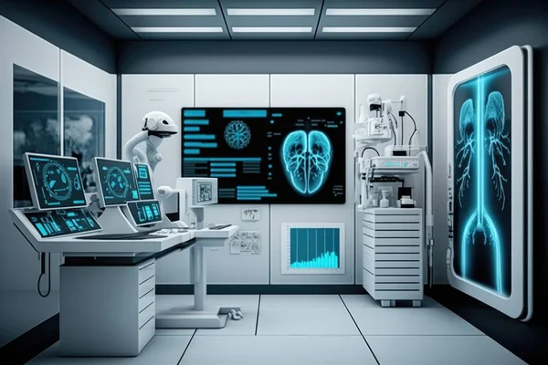 A medical room with medical equipment and medical equipment in it\'s display area including a monitor a laptop and a medical cybernetics computer graphics les automatistes