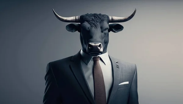 A man in a suit and tie with a bull\'s head on his head stock photo a stock photo verdadism