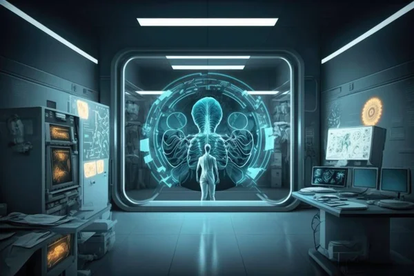 A futuristic room with a man in the center of it and a neon light in the middle biopunk cyberpunk art retrofuturism