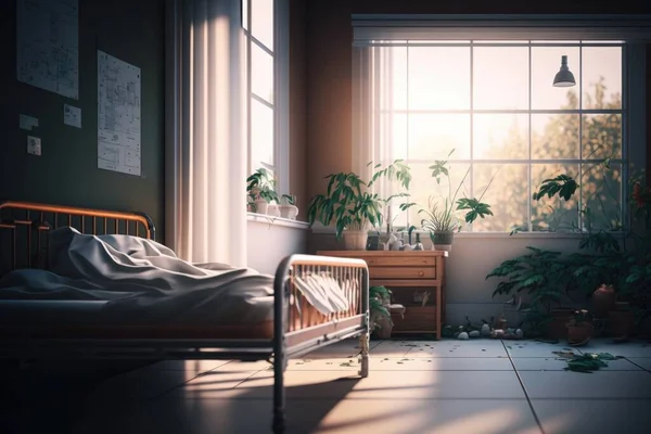 A bedroom with a bed dresser and window with plants in it and a lamp rendered in unreal 5 a raytraced image photorealism