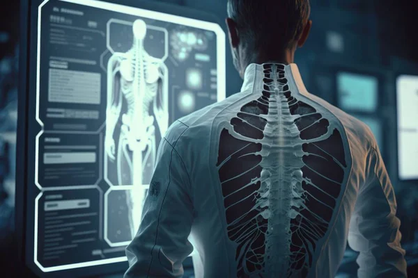 A man looking at a medical display with a skeleton on it\'s back and a skeleton on his chest biomechanical computer graphics neoplasticism