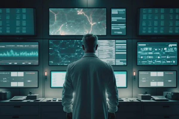 A man standing in front of a wall of monitors in a room with multiple screens biopunk computer graphics les automatistes