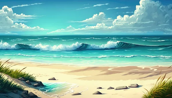 A painting of a beach with waves crashing on the shore and grass growing on the sand beach a matte painting fantasy art