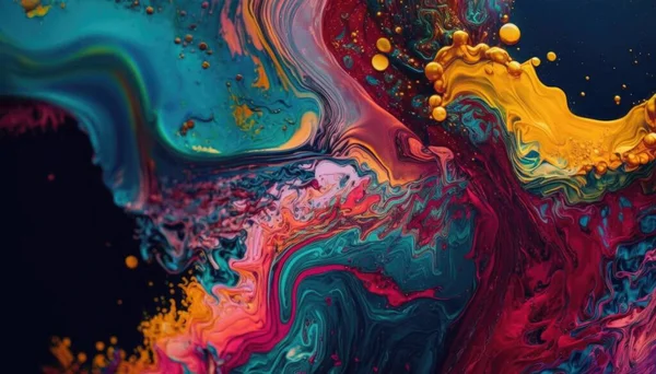 A colorful liquid painting with a black background and a blue sky in the background with a few yellow bubbles highly detailed digital painting an ultrafine detailed painting psychedelic art