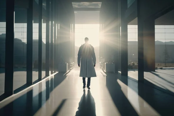A man walking down a hallway with the sun shining through the windows on his back cinematic lighting + masterpiece a screenshot light and space
