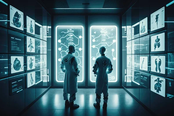 Two men standing in a room with a lot of glass walls and a lot of pictures on the walls biopunk computer graphics space art