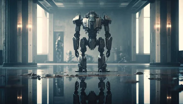 A robot standing in a room with a mirror on the floor and a light shining on the floor unreal 5 cyberpunk art antipodeans