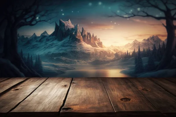 A wooden table with a painting of a mountain lake and trees on it in front of a backdrop cinematic matte painting a detailed matte painting fantasy art