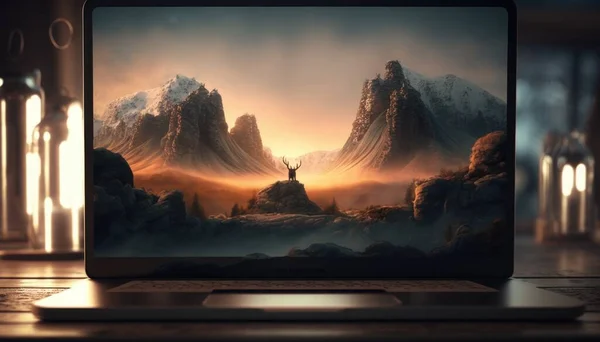 A laptop computer with a painting of a deer on the screen and mountains in the background cinematic matte painting a detailed matte painting computer art