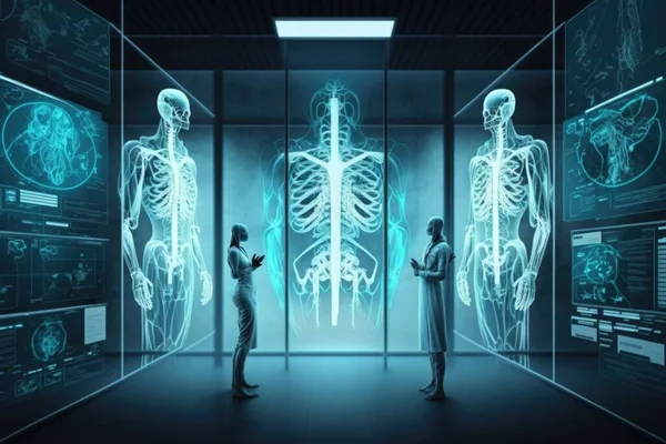 Two people standing in a room with a skeleton in the middle of it and a skeleton in the middle of the room biopunk a hologram holography