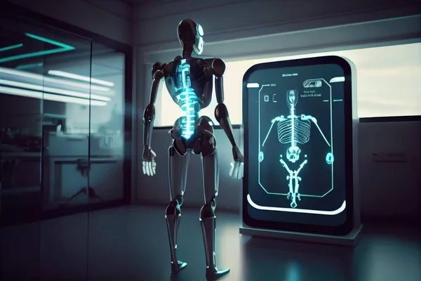 A skeleton standing next to a futuristic interface in a room with a window and a sign cybernetics a hologram holography