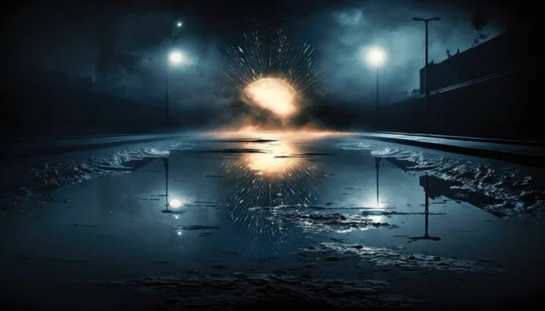A dark street with a puddle of water and a street light in the background with a reflection of the street lights explosions a detailed matte painting nuclear art