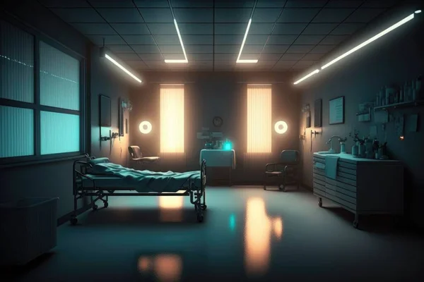 A hospital room with a bed and a window with bright lights on it and a sink dim volumetric lighting a raytraced image neoplasticism