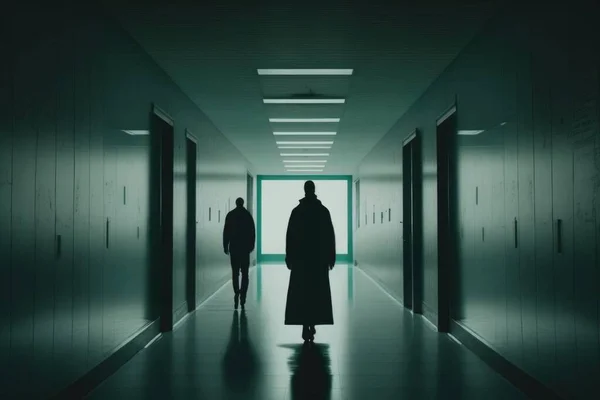 Two people walking down a hallway in a dark room with a light at the end vfx cyberpunk art aestheticism