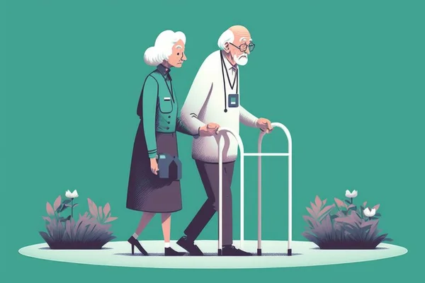 An old man and woman walking with a cane and cane in hand with a green background editorial illustration a storybook illustration sots art
