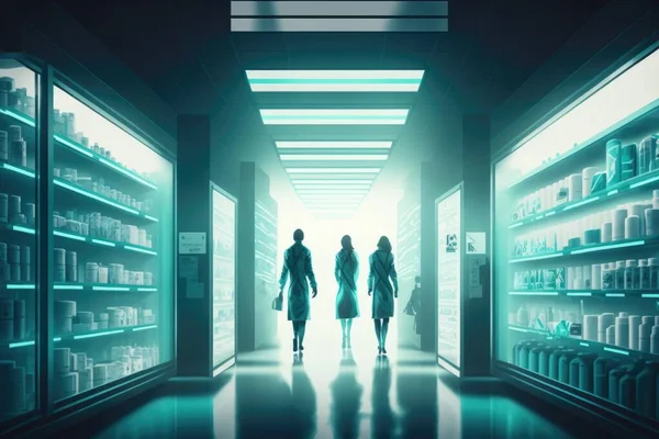 Two people walking down a hallway in a store with shelves full of bottles and jars dim volumetric lighting cyberpunk art neo-figurative