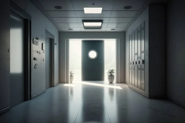 A hallway with a clock and a plant in the middle of it and a door leading to another room unreal 5 highly rendered an ambient occlusion render light and space