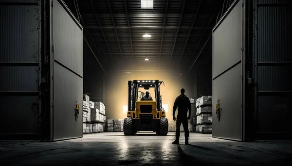 A man standing in a warehouse with a fork lift in the background and a fork lift in the foreground rim lighting a stock photo light and space