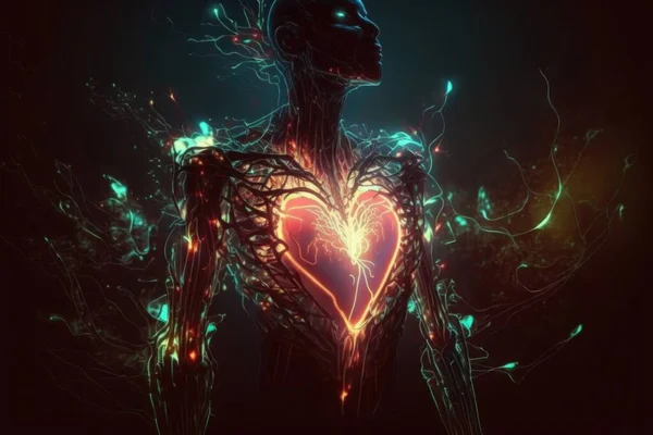 A human body with a heart in the middle of it\'s torso and arms biomechanical cyberpunk art analytical art